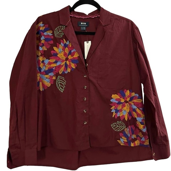 MAEVE Anthropologie Burgundy Embroidered Floral Button Down Shirt Sz 4 NWT - Picture 2 of 7